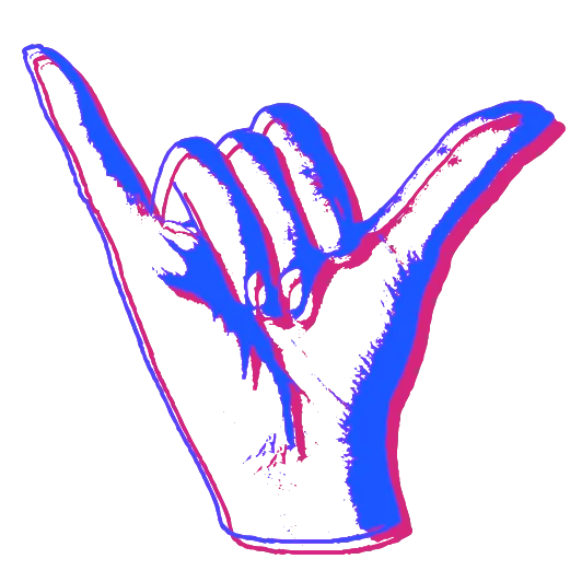 A closed fist with the thumb and pinky extended